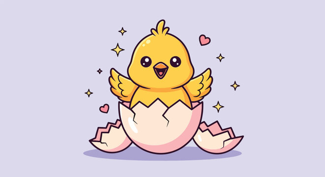 Cute Baby Chick Hatching from Egg Cartoon Illustration.