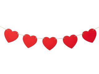 A string of red paper hearts on a black background on transparent background