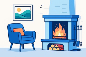 Obraz premium Cozy living room interior with fireplace and armchair in warm minimalist style, light blue tones and abstract wall art on white background. Ai generative