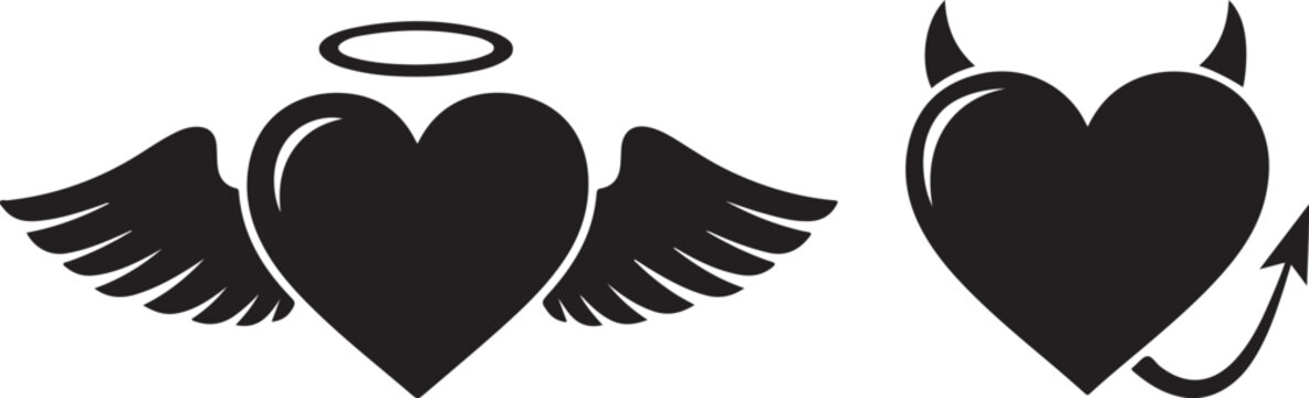 Angel Heart and Devil Heart Icon Set Black and White Vector
