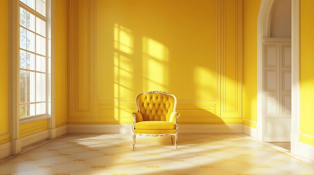 Bright yellow interior wall morning sunlight pattern vintage doors elegant textured space warm light ambiance