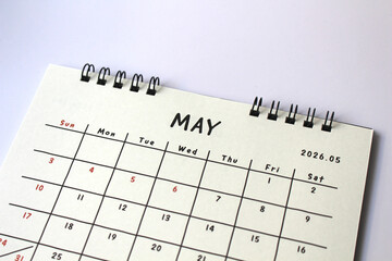 Monthly calendar template for the new year 2026 desk calendar,May,isolated on white background.