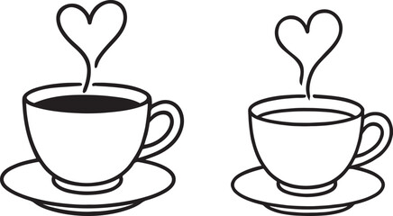 Obraz premium Two Cups of Hot Coffee or Tea with Heart-Shaped Steam Vector Art