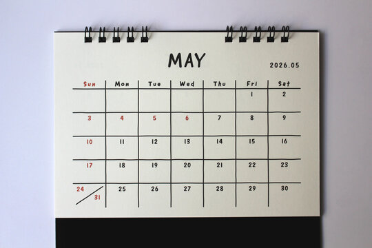 Monthly calendar template for the new year 2026 desk calendar,May,isolated on white background.