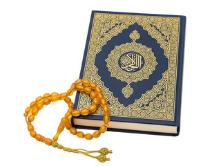 A Quran book with a rosary on transparent background