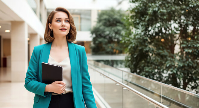 Consultant with notebook walks through an office atrium, business staffing and recruitment imagery for management hiring, career promotion and executive interview in headquarters lobby