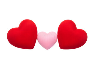 Three heart-shaped pillows in red and pink on transparent background