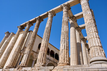 Naklejka premium Historic Roman Temple of Diana in Merida Spain displaying ancient stone columns and classical architectural design