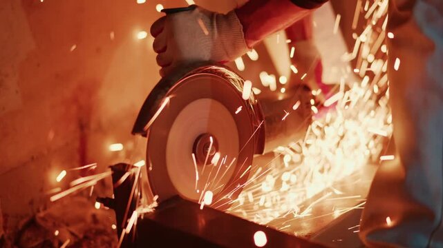 steel edge being precisely ground, closeup of metal cutting sparks and fragments, intense image of steel grinding with sparks showering and dynamic fragments dispersing