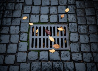 Wet Cobblestone Street with Drain Grate and Fallen Leaves Symbolizing Autumn, Infrastructure, Urban Design