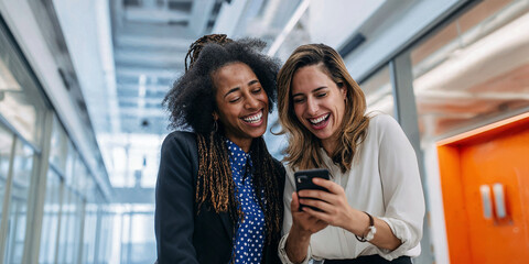 Two diverse businesswomen laughing while looking at a smartphone in a modern office hallway.