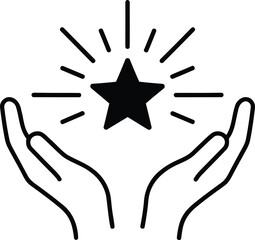 Obraz premium Line art illustration of hands presenting a glowing star for best quality rating or reward