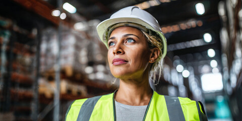 Confident female engineer wearing a white hard hat and safety vest standing in a large industrial warehouse, looking forward with determination.