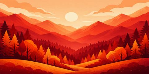 A breathtaking nature landscape view of the sun glowing over the mountain horizon as golden dawn mist and clouds drift through a serene forest valley during a beautiful summer sunrise and sunset © Hena2