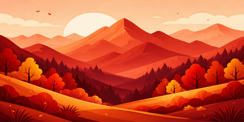 A vibrant nature illustration featuring a silhouette of a snow capped mountain valley under an orange and red sky during a summer sunrise and sunset travel view © Hena2