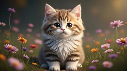 Adorable little kitten sitting in a field of colorful flowers outside