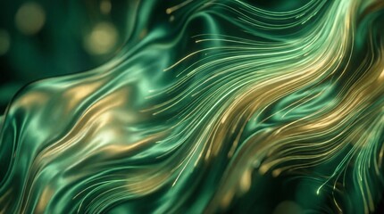 Abstract background structure showing vibrant green and gold hues blending with glowing particle lines, depicting data flow, digital energy, and interconnected networks