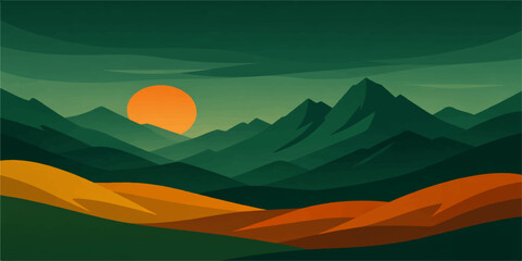 Obraz premium A vibrant nature illustration of a summer sunset over a mountain landscape with green hills, clouds in the sky, and a distant horizon view