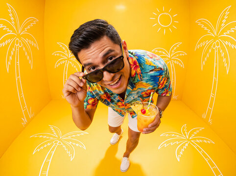 Young latino man in hawaiian shirt posing wacky fisheye lens perspective high angle yellow studio background white doodle elements summer fashion advertisement copy space
