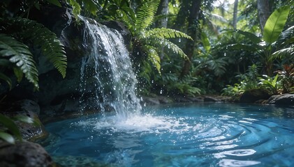 Serene waterfall cascading into a tranquil pool surrounded by lush greenery and ferns in a natural Hawaiian setting.