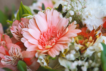 Bouquet of flowers in pink, red and white colors, close up