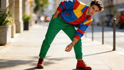 Naklejka premium fullbody. A stylish male model posing in a vibrant outfit on an urban street, exuding contemporary fashion and charisma. lifestyle magazines.