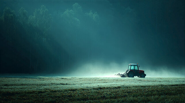 Atmospheric wide view of a tractor and roller crimper in a misty rye field at dawn