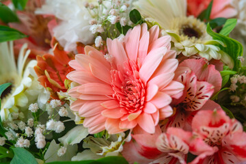Bouquet of flowers in pink, red and white colors, close up