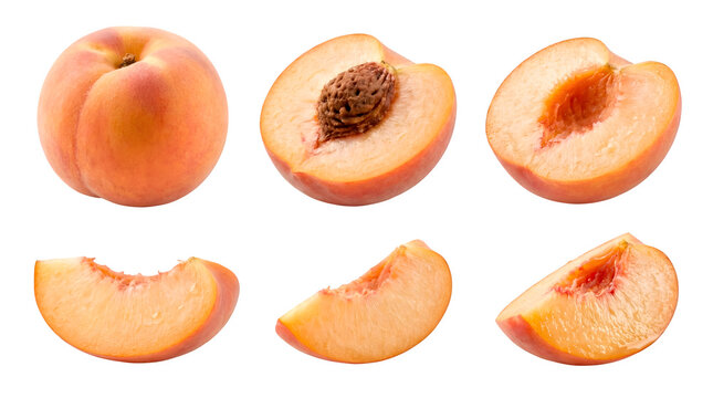 Fresh sliced peaches and whole peach isolated PNG with Transparent Background.