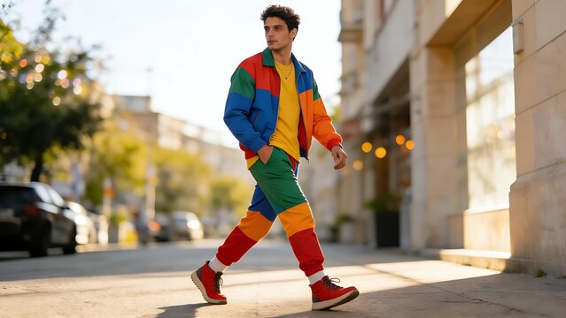 fullbody. A stylish male model posing in a vibrant outfit on an urban street, exuding contemporary fashion and charisma. lifestyle magazines.