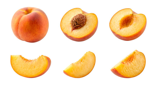 Fresh peach fruit collection with whole halves and slices, isolated PNG with Transparent Background.