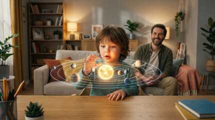 Young boy with curious expression exploring a vivid holographic solar system with planets orbiting the sun, while a smiling man watches him in a cozy living room