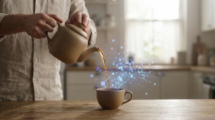 Person pouring tea from a teapot into a teacup, a stream of glowing blue digital cubes and data transfer effects merging with the liquid, highlighting technology and ai integration in everyday life