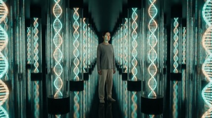 Person stands in futuristic lab amid glowing vertical dna helix tubes, exploring genomic data and biotech innovation with ar overlays, reflecting advances in medicine and bioengineering