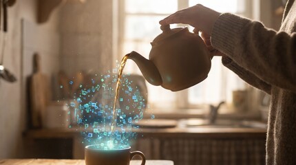 Person pouring tea from a teapot while a glowing stream of digital cubes and information flows into a ceramic cup, symbolizing data integration in everyday life and smart technology