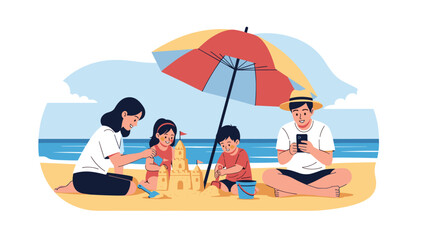 Obraz premium Family with two young children building a large sandcastle on a sunny tropical beach under a colorful beach umbrella.