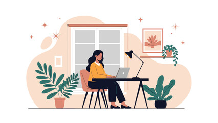 Fototapeta premium Young woman focused on her work using a laptop at a desk in a cozy home office with houseplants and window light.