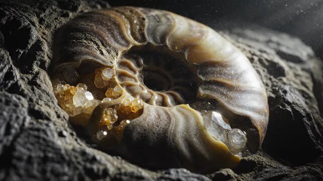 Detailed Macro Shot of Fossilized Ammonite Chamber