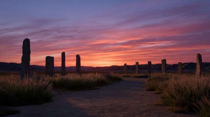 Majestic Sunset Over Tall Totems Casting Shadows Across a Serene Landscape