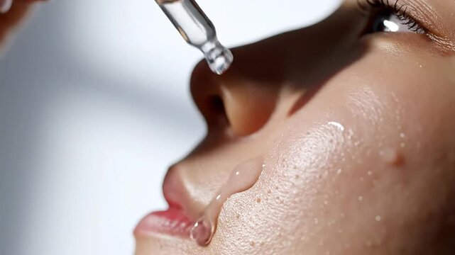Close up macro shot of clear liquid serum dripping from a pipette onto a woman's face during an acne treatment routine.