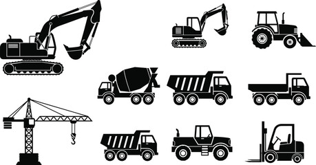 Collection of black vector silhouettes of heavy construction equipment including excavators cranes dump trucks and cement mixers on white background. © Shain