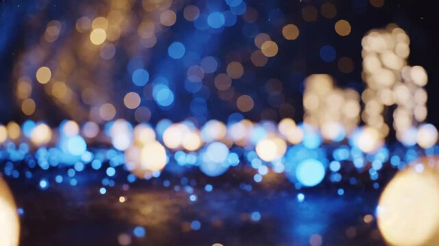 Vibrant blurry bokeh lights in blue and gold tones creating enchanting festive atmosphere with glowing orbs and shining particles everywhere displayed.