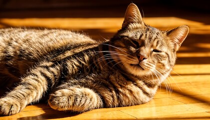 A smiling tabby cat lying on a wooden floor with sunbeams casting shadows, conveying a calm and serene mood with warm tones.