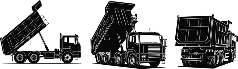 Set of black and white dump truck silhouettes showing various angles including side view and perspective view isolated on white background. © Shain
