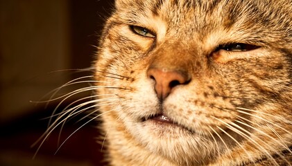 Close-up portrait of a smiling cat with whiskers, winking and showing a relaxed expression against a dark background.