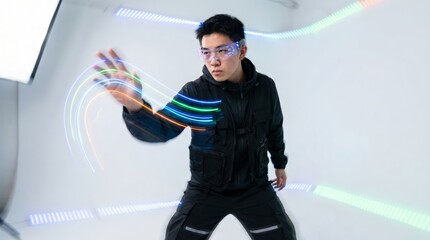 Young asian man wearing smart glasses and a techwear outfit is interacting with colorful light trails, creating a dynamic virtual interface in a modern digital world setting