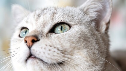 Close-up portrait of a smiling cat with green eyes and light gray fur against a blurred background with soft colors.