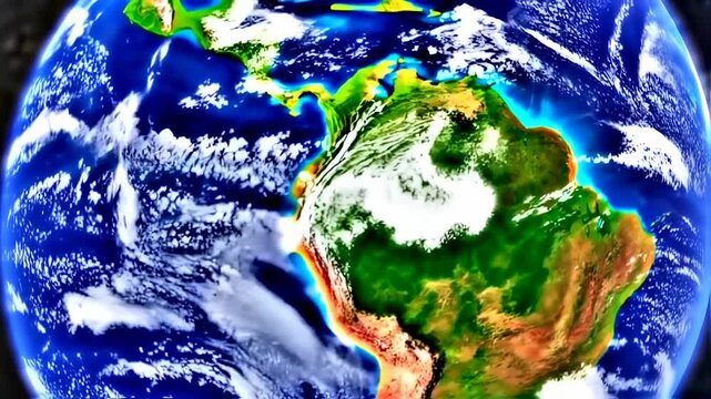 Satellite view of Earth from space focusing on South America with clouds and terrain details