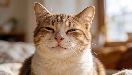 Close-up portrait of a smiling cat with its eyes squinted, sitting on a bed in a blurred background with warm tones.