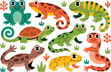 Naklejka premium Reptile and amphibian vector set with various frogs turtles salamanders and chameleons in natural environment